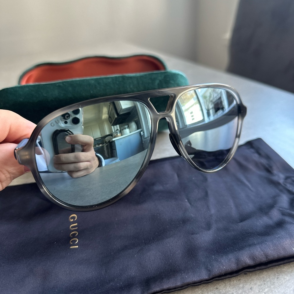 Gucci Aviator Sunglasses GG0423S 010 60mm Blue lens, Gray Tortoise & Blue frame